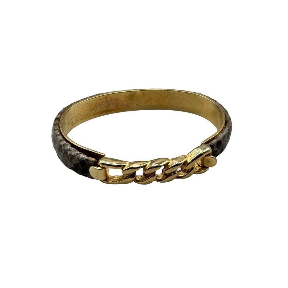 Vintage Gray Snakeskin Bracelet 1980s 1990s Gold Tone Chain Hinged Bracelet